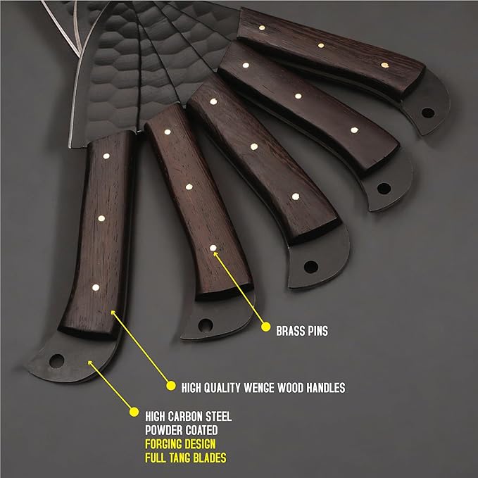 5 PCS Handmade Kitchen Chef Knife Set Hand Forged High Carbon Steel Blade Wengiwood Handle With Leather Bag Kit set included (Chef, Cleaver, Butcher, Paring, Fillet knife, Utility Knife) (Wengi Wood)