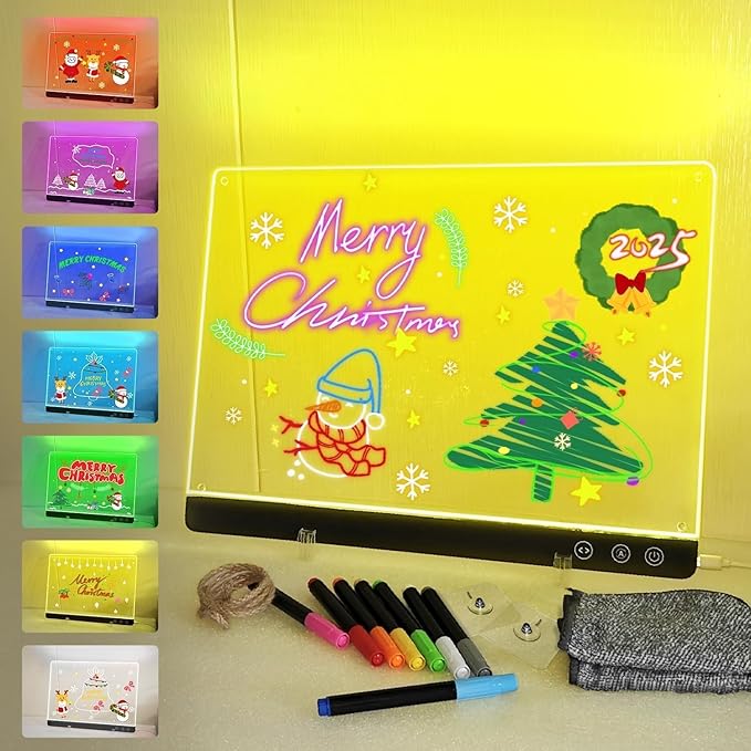 LED Magnetic Note Board with Colors, 11.8"X15.7" 4 Modes & 7 Colors Acrylic Dry Erase Board with Light, Include Hanging Chain, Led Drawing Board for Kids with Stand, Soft Cloth, 8 Markers