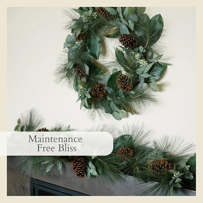 CG Hunter Holiday Collection Faux Wreath, Premium Artificial Indoor and Outdoor Large 28" Magnolia, Eucalyptus, Pinecone, Needle Pine Christmas Wreath, Christmas Decorations and Holiday Greenery