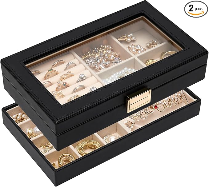 Homde Jewelry Tray Stackable Jewelry Box with Glass Lid, Removable Dividers for Vanity Table Gift Idea for Girls and Women (Black)