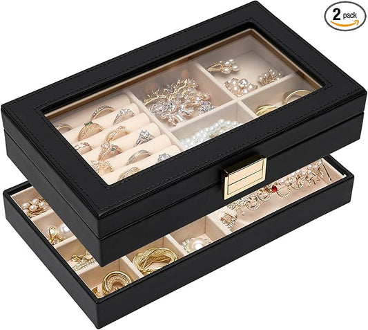Homde Jewelry Tray Stackable Jewelry Box with Glass Lid, Removable Dividers for Vanity Table Gift Idea for Girls and Women (Black)