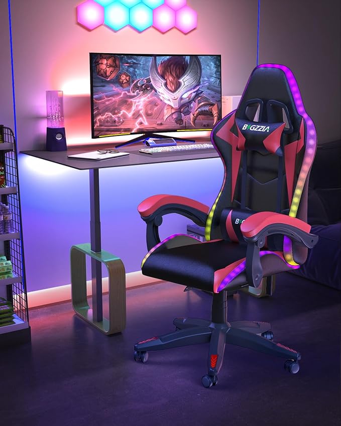 Bigzzia Gaming Chair with RGB LED Lights, High Back Ergonomic Computer Gamer Chair with Headrest and Lumbar Support, Racing Style Reclining Game Chair for Adults, Kids(Black/Red)