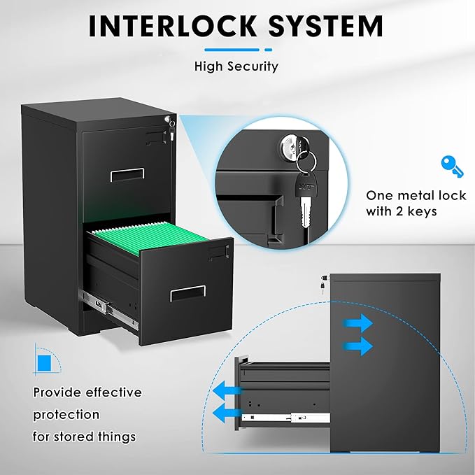 Greenvelly 18" D Vertical File Cabinet, 2 Drawer Locking Cabinet for Home Office, Black Metal for Hanging Letter/Legal Folders, Easy Assemble