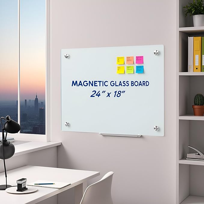 Loukin Glass Whiteboard for Wall, Magnetic Dry Erase Glass Board, Framless Surface White Board for Office, School, Dry Erase Whiteboard Set Includes Cleaner & Eraser & Marker (24" x 18")