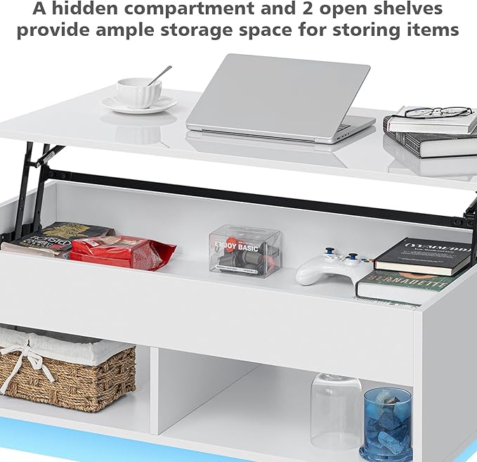 HOMMPA Lift Top Coffee Table with Storage for Living Room, Modern High Glossy LED Coffee Table, 3 Tiers Wood Center Tea Table with 2 Open Shelves, White