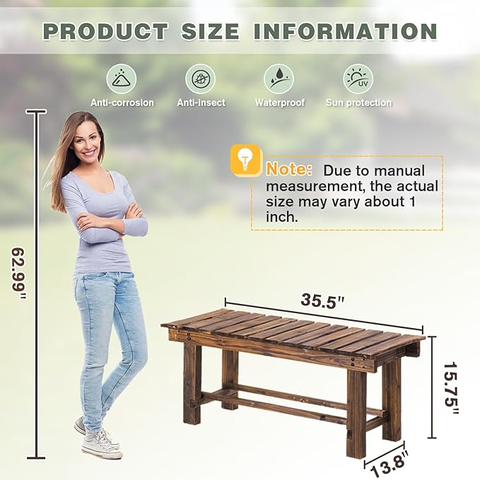 Outdoor Garden Bench, 2-Person Wood Patio Bench Weatherproof Outdoor Backless Bench, Anti-Corrosion and Anti-Rust Garden Benches for Garden Lawn Porch Park Backyard (Carbonized,35.5''/90cm)