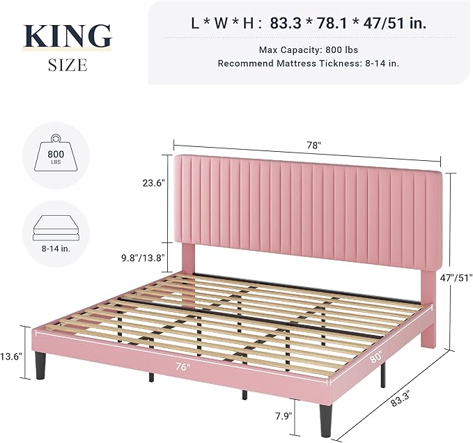 Allewie King Bed Frame, Velvet Upholstered Platform Bed with Adjustable Vertical Channel Tufted Headboard, Mattress Foundation with Strong Wooden Slats, Box Spring Optional, Easy Assembly, Pink