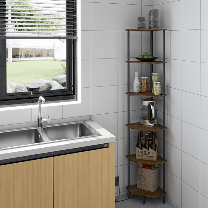 6 Tier Corner Shelf with LED Light,Tall Standing Shelf Organizer,Narrow Bookshelf,The Classic Combination of Rustic Brown and Black Standing Bookcase,Suitable for Bedroom,Living Room,Kitchen