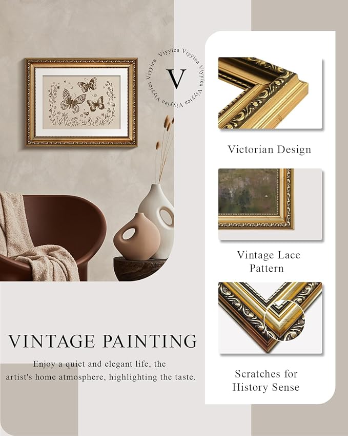 VIYYIEA Gold Framed Wall Art, Butterflies Canvas Print Home Decor Vintage Art Painting Picture Bathroom Wall Decor, Animals Artwork for Living Room Bedroom Kitchen Office - 14L x 11W