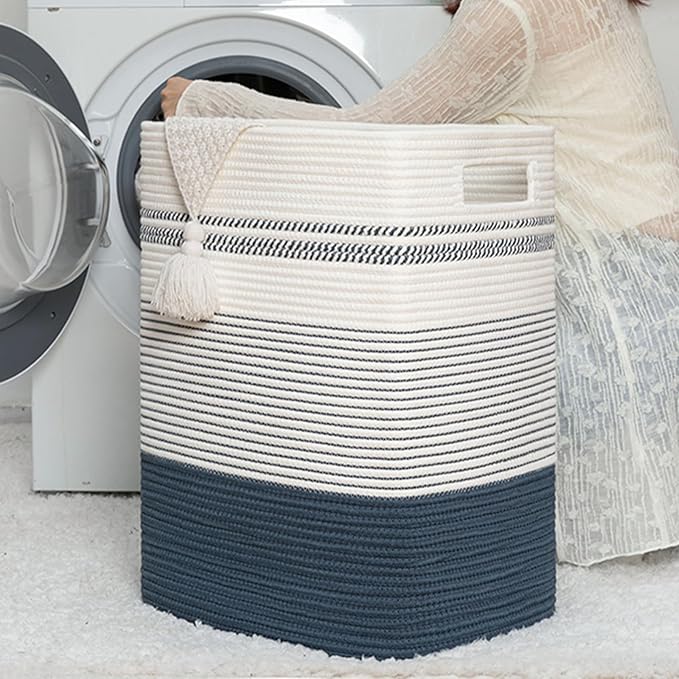 Laundry Hamper, Large Woven Rope Tall Laundry Basket with Handles, 22" X 17" X 13", Decorative Storage Basket for Clothes and Blankets in Living room, Bedroom, Dark Blue& White