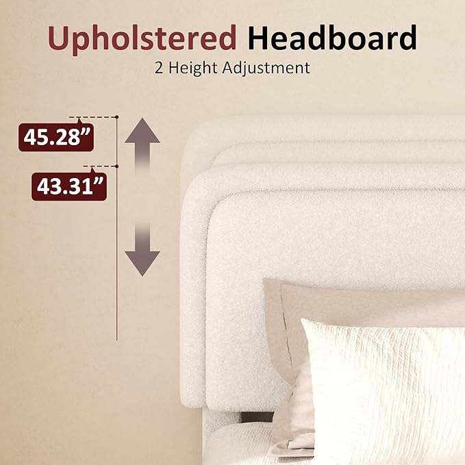 King Boucle Platform Bed Frame with Height Adjustable Headboard, Modern Upholstered Cloud Bed, Sleek Curved Design, No Box Spring Needed, Easy Assembly, Noise Free, White
