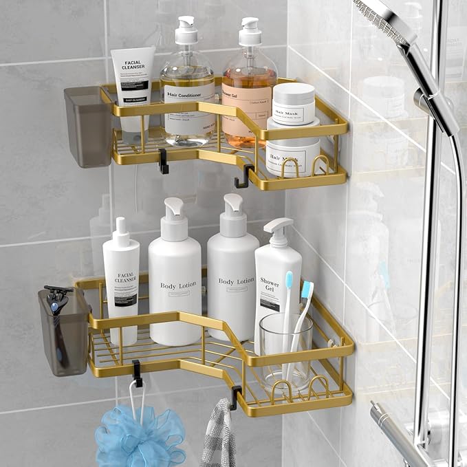 Corner Shower Caddy Organizer Shelf 2Pack Adhesive Shower Corner Organizer Shelves, No Drilling Stainless Steel Shower Storage Rack with Hooks&Toothpaste Holder for Bathroom Kitchen