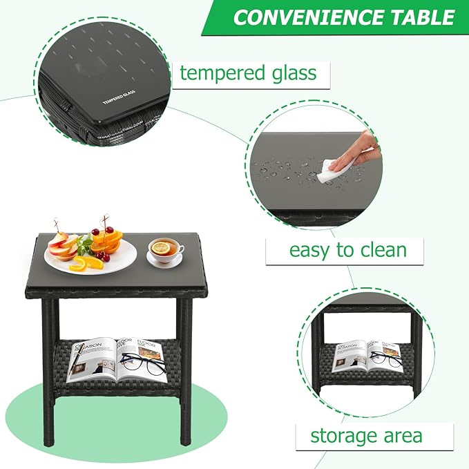 FDW 3 Piece Outdoor Furniture Set Patio Wicker Chairs Furniture Bistro Conversation Set 2 Rattan Chairs with Blue Cushions and Glass Coffee Table for Porch Lawn Garden Balcony Backyard