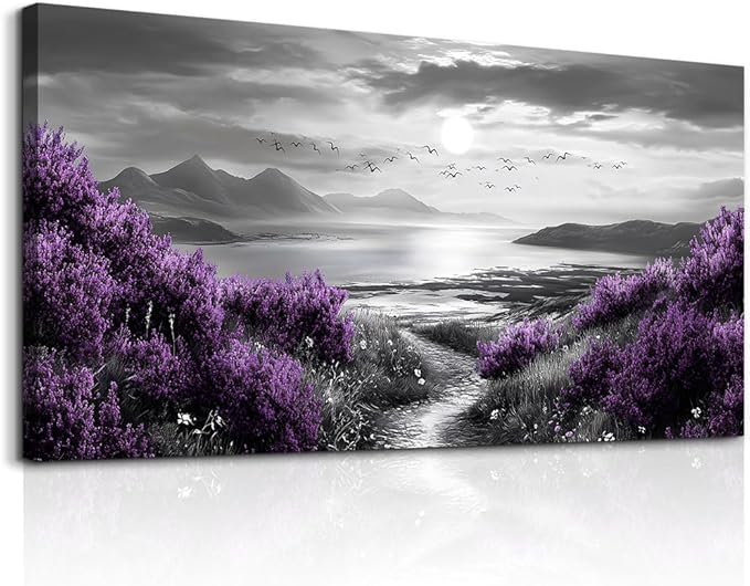 Canvas Wall Decor for Office Large Wall Art for Living Room Modern Bedroom Wall Decoration Purple Flowers Landscape Pictures Black and White Scenery Paintings Artwork Aesthetic Home Decor