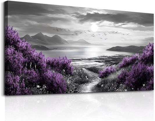 Canvas Wall Art for Living Room Large Wall Decor for Bedroom Modern Office Wall Decoration Purple Flowers Landscape Paintings Black and White Scenery Pictures Artwork Aesthetic Home Decor