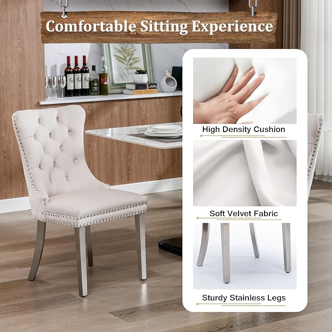 Goujxcy 51" Glass Dining Table Set for 6, Modern Kitchen Table and Chairs Set w/Steel Legs, 7-Piece Dining Table Set w/Glass Silver Dining Table and 6 Beige Velvet Chairs for Kitchen Dining Room