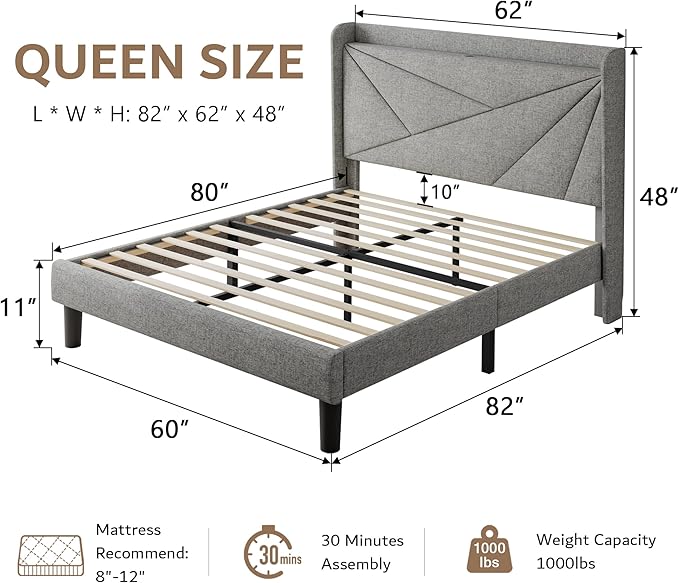 iPormis Queen Size Bed Frame with Charging Station, Linen Platform Bed Frame with Wingback Headboard Upholstered Bedframe, Solid Wood Slats Support, No Box Spring Needed, Easy Assembly, Light Grey