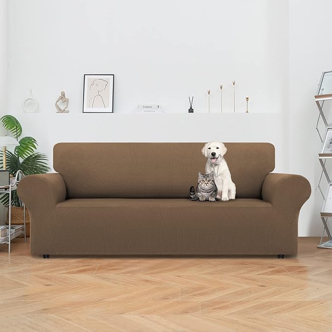 LURKA Stretch Sofa Slipcovers 1 Piece Couch Covers for 3 Cushion Couch Sofa Furniture Protector Full Sofa Covers with Elastic Bottom for Kids and Dog (Camel, Large)