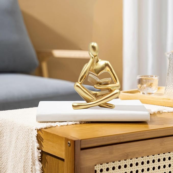 Gold Reading Women Statue, Thinker Sculptures, Abstract Art Ornament, Modern Aesthetic Figurine Decoration, Suitable for Home Living Room Bedroom Office Shelf Table Desk Bookshelf Decor