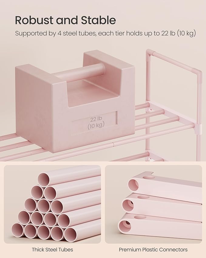 SONGMICS Shoe Rack, 3-Tier Shoe Organizer, Metal Storage Shelf, Upright or Upside Down, for 16-20 Pairs, Stackable, for Entryway, 11.8 x 36.2 x 21.7 Inches, Jelly Pink ULSA303S01