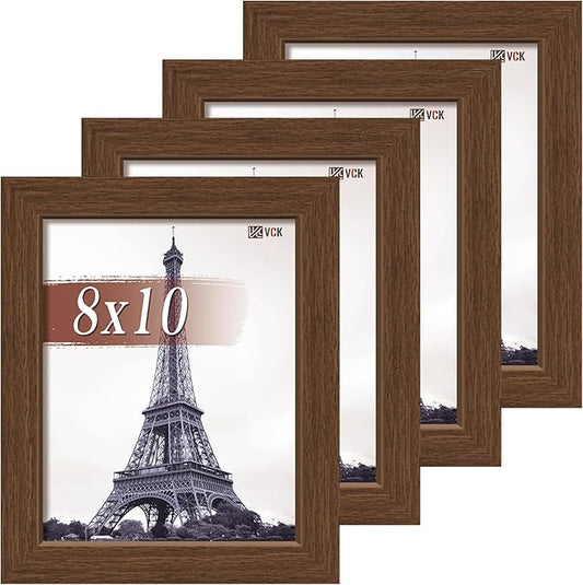 VCK 8x10 Picture Frame Set of 4 - Brown, Gallery-Quality Wood Poster Frames, 1.1-Inch Wide Border, Polished Plexiglass, Vertical or Horizontal Wall & Tabletop Display for Photo/Art/Prints, Brown