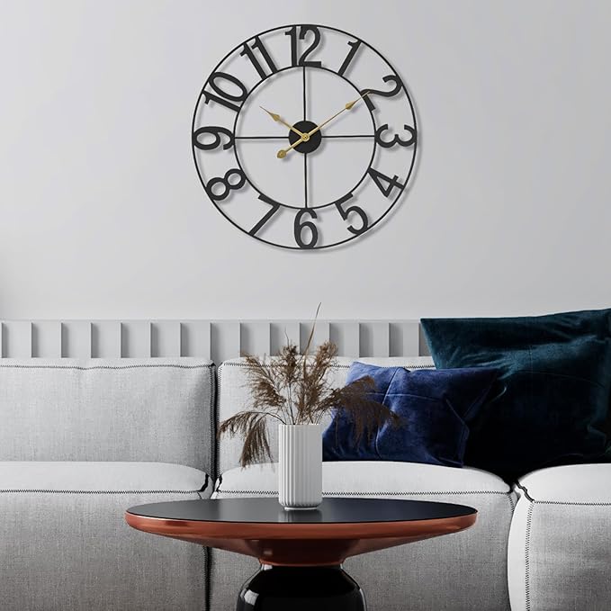 Sorbus 16-Inch Large Wall Clock – Decorative Black Metal Clock with Gold Hands – Silent, Battery Operated, Modern Wall Decor for Living Room, Kitchen, or Office – Great Gift for Housewarming or Office
