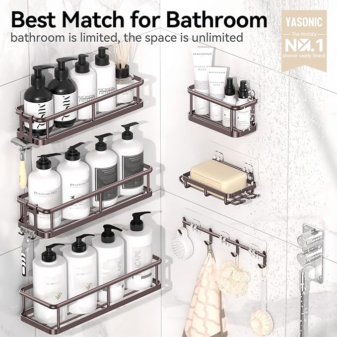 YASONIC Shower Caddy, 6 Pack Large Capacity shower Organizer with Soap Holder and 12 Hooks, Rustproof Shower Shelves for Inside Shower, No Drilling&Sleek Bathroom Organizers and Storage Bronze