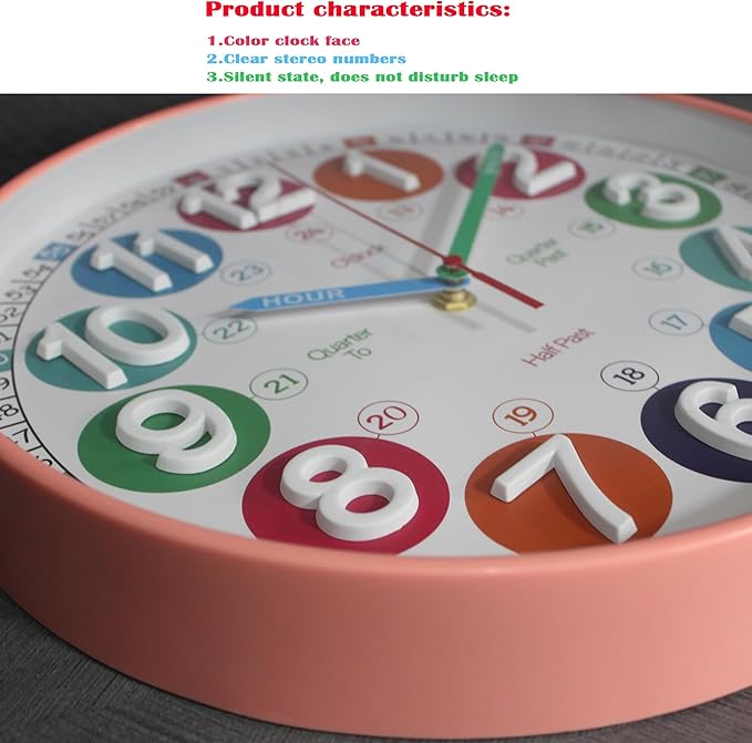 Learning Time Clock for Kids, 12 Inch 3D Peach Pink Classic Silent Wall Clock, Bedroom, Kitchen, Classroom, Decor at School, Clear Digital Clock for Kids Room