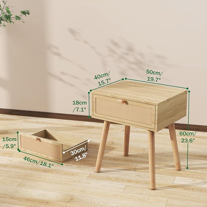 IBUYKE Hidden Compartment Nightstands, Rattan Nightstand with Wood Legs, Boho Side Table Concealment Furniture, Bedside End Table for Bedroom, Easy Assembly, Natural UWNS010N