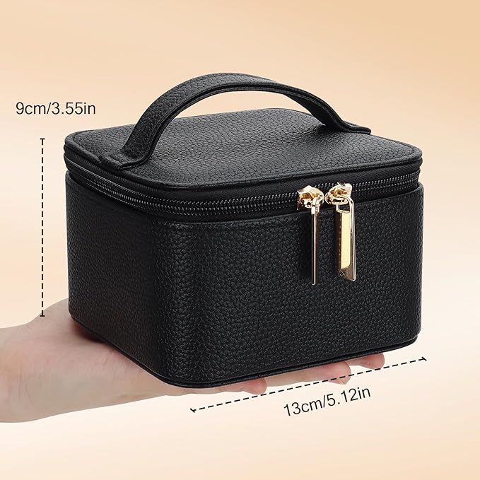 DesignSter Small Jewelry Box, Travel Small Jewelry Organizer with Earring Tray and Ring Holder, Square Travel Jewelry Storage Case with 6 Velvet Jewelry Pouches, Black