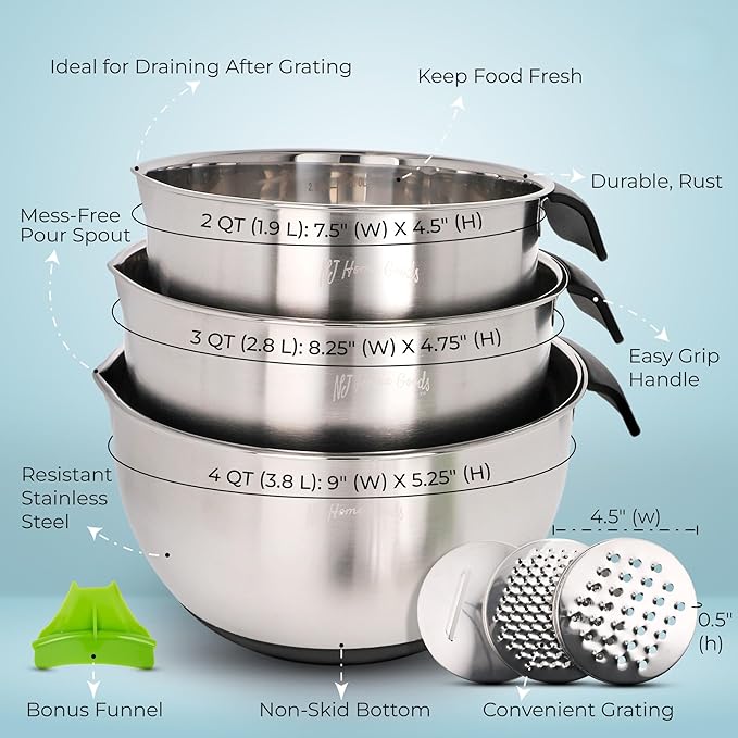 Stainless Mixing Bowl & Lids Holiday BBQ Picnic: Lids Pour Spout Ergonomic Handles For Kitchen With Non Slip Silicone Base Strainer Graters For Kitchen Gift Set