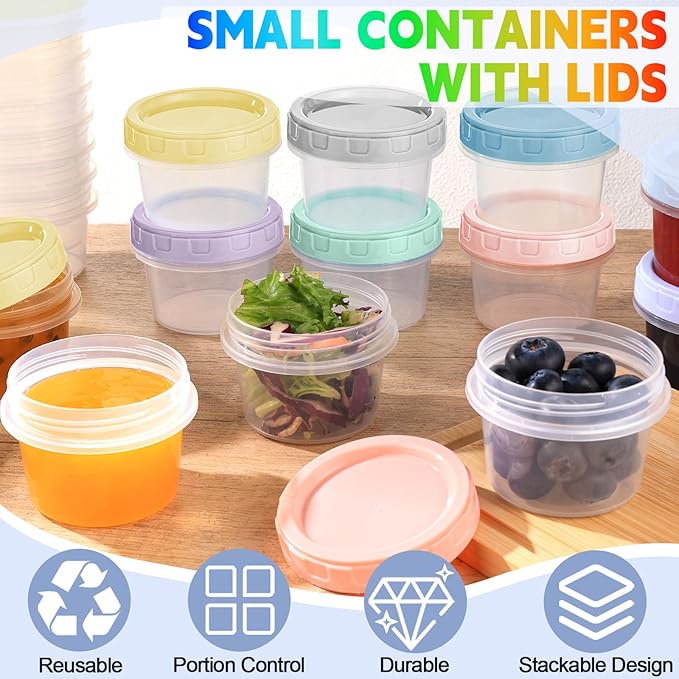 6pcs 4 oz Plastic Containers with Screw Lids, Reusable 1/2 Cup Small Food Storage Containers, Leakproof, Microwave Dishwasher Freezer Safe, with Pen and Brush