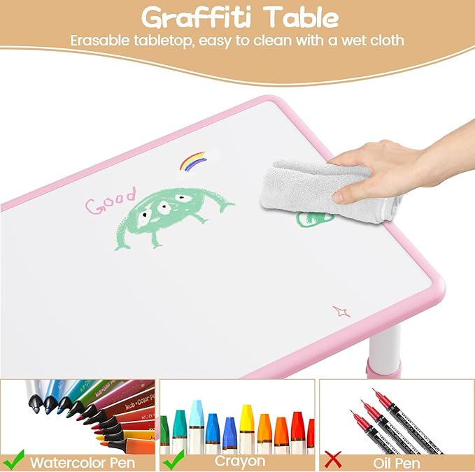 GAOMON Kids Table and 6 Chair Set with Storage Box, Height Adjustable Toddler Table and Chairs Set for Ages 2-10, Graffiti Desktop, Non-Slip Legs, Children Activity Table for Daycare Classroom Home