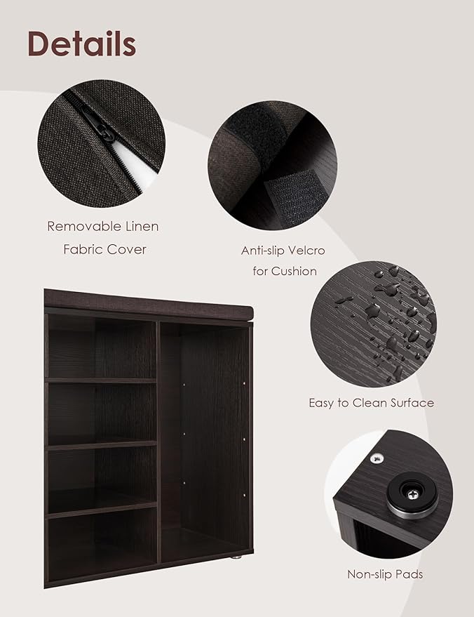 DINZI LVJ Shoe Storage Bench with Cushion, 16-Cubby Shoe Rack, Adjustable Shelves, Multifunctional Shoe Organizer Bench for Entryway, Mudroom, Hallway, Living Room, Bedroom and Garage, Espresso