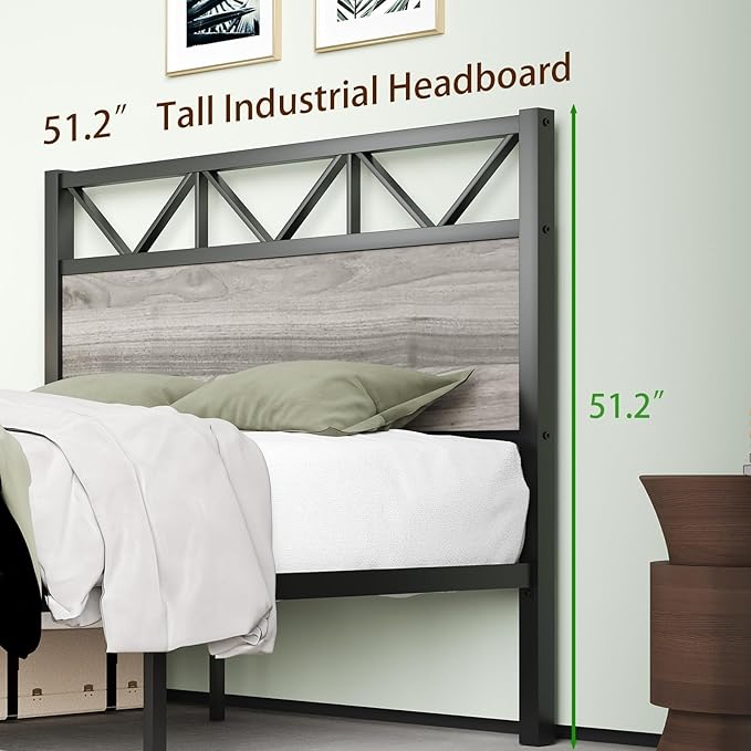 Queen Size Frame with 51.2" Tall Headboard, Platform Bed Frame with Metal Support, Solid and Stable, Noise Free, No Box Spring Needed, Wash Grey