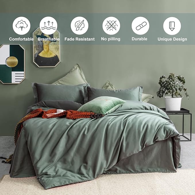 MILDLY 100% Cotton Duvet Cover Set King Size Grey Sage Satin Weave Silky Luxury Comforter Cover Sets Ultra Soft Bedding Set 3PCS (No Comforter)