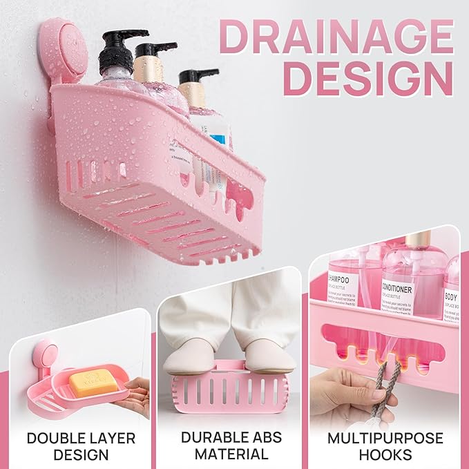 LEVERLOC Shower Caddy Suction Cup Set Shower Organizer & Soap Holder & Toothbrush Holder, Bathroom Shelf Basket NO-Drilling, Removable Suction Storage Waterproof Bathroom Caddy, Pink