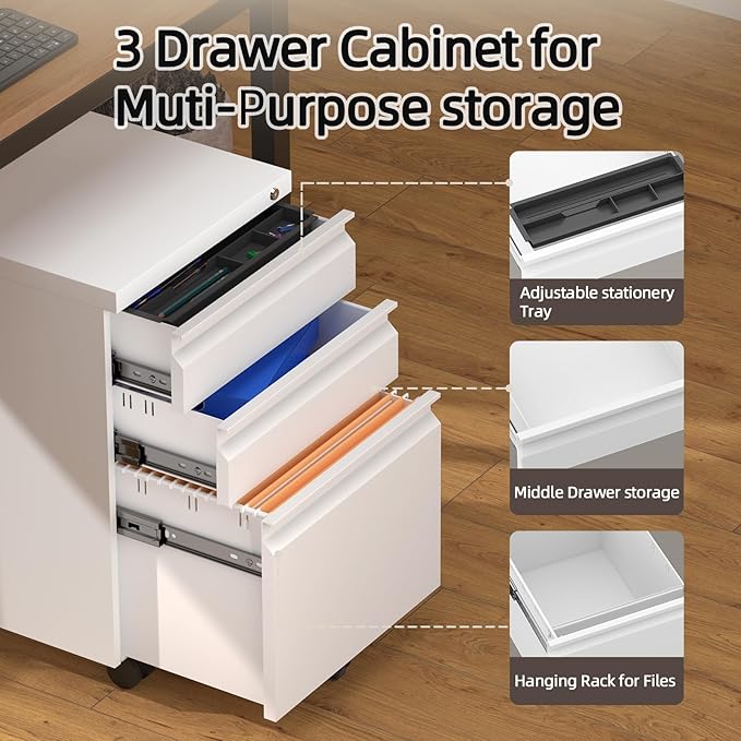 Filing Cabinets, Mobile File Cabinet with Lock for Home Office, 3 Drawer Filing Cabinet for A4/Letter/Legal Size Folder, Metal Vertical White Filing Cabnet on Wheels