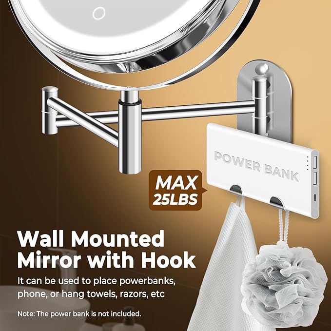 8" Wall Mounted Lighted Makeup Mirror, 3000mAh Rechargeable Double Sided 1X/10X Magnifying Mirror with Hook,3 Color Lights Dimmable 360° Rotation Vanity Mirror for Bathroom