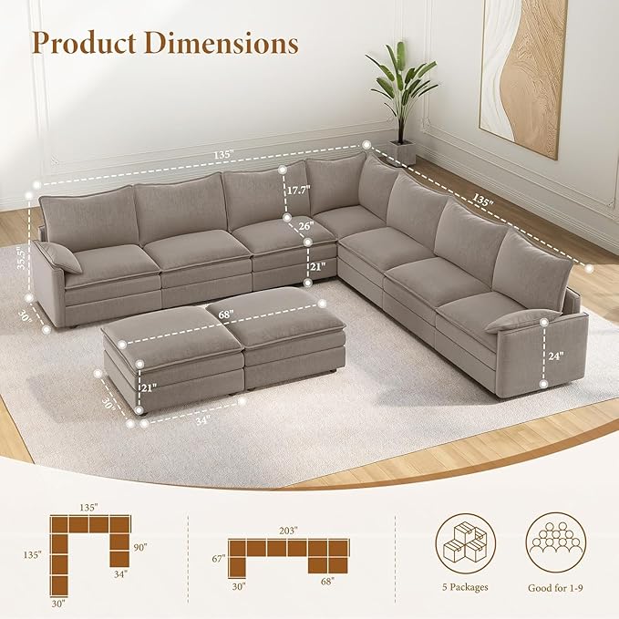 Vesgantti Large Modular Sectional Sofa, Big Comfy Cloud Couch with Ottoman, Chenille Deep Seat Cloud Sofa, 9 Seater Large Sectional Couches for Living Room, Bedroom, Apartment, Light Brown