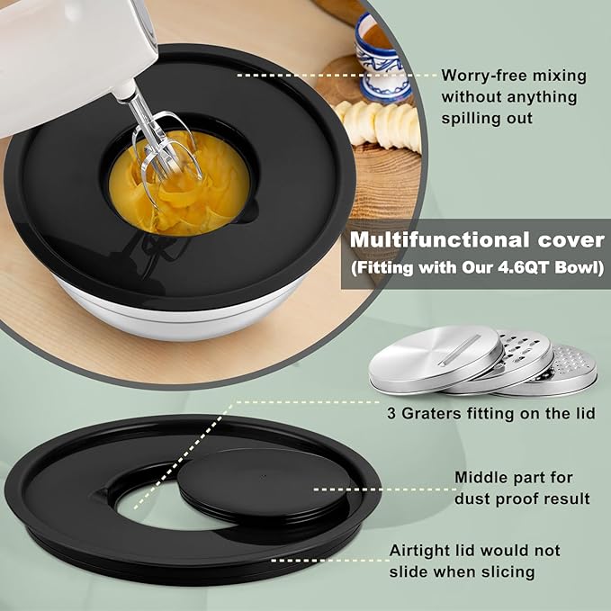 P&P CHEF Mixing Bowls with Lids Set of 6, Stainless Steel Nesting Salad Bowl & 3 Grater Attachments for Prepping Storing, 4.6/2.6/2/1.5/1/0.7 QT, Black