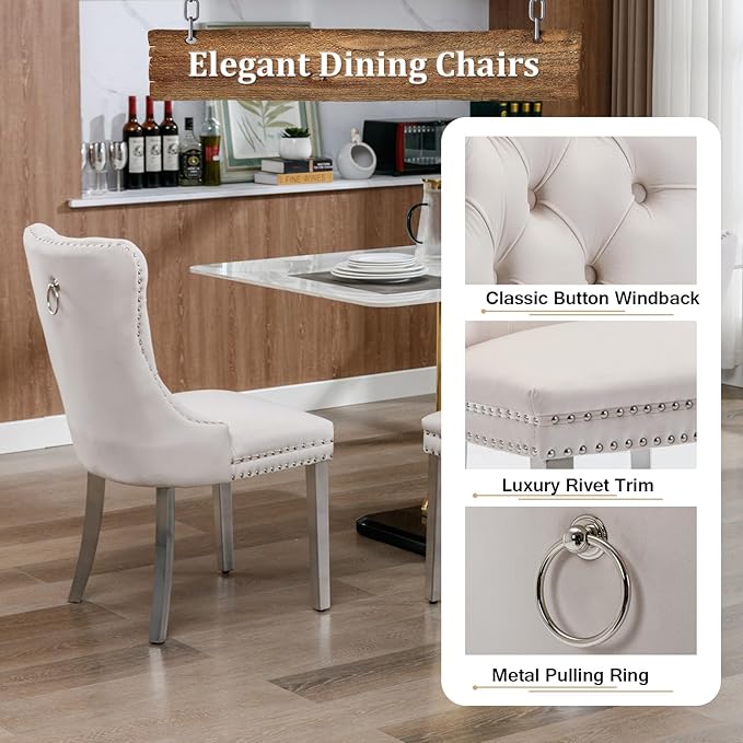 Goujxcy 68" Faux Marble Dining Table Set for 6, 7-Piece Dining Set with White Silver Kitchen Table and 6 Velvet Tufted Chairs, Modern Rectangular Dining Room Table with X-Shape Stainless Steel Base