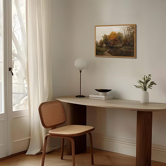 Floating Framed Canvas Wall Art Decor – Vintage Autumn by the Water Landscape Paintings Prints, Nature Countryside Pictures Wall Decor for Living Room Bedroom Office Decoration 12x16 inch