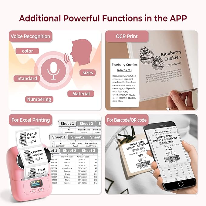 Phomemo Thermal Label Maker - M110 Barcode Label Printer Portable Bluetooth Labeler Maker Machine for for Small Business, Address, Logo, Clothing, Mailing, with 40x30mm Label, Pink