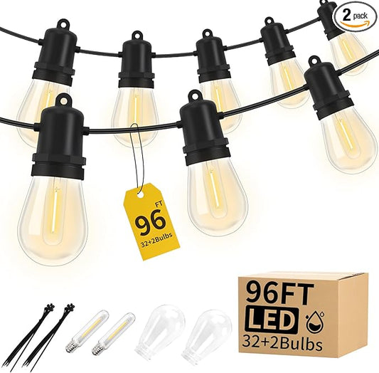 96FT Total LED Outdoor String Lights 2-Pack Dimmable Commercial Grade S14 Bulbs IP44 Weatherproof & Shatterproof for Large Patio Cafe Event