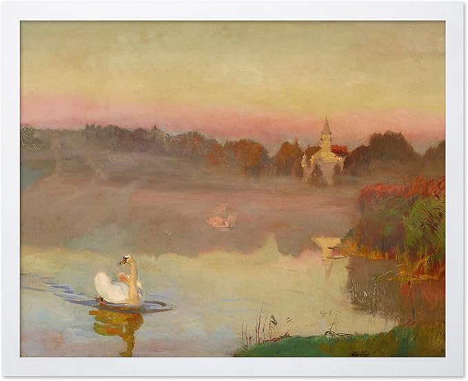 Poster Master Vintage Pond in Radziejowice Poster - Retro Swan Print - Lake Art - Landscape Art - Farmhouse Art - Animal Lover Art - Aesthetic Living Room or Office Decor, 16x20 White Framed