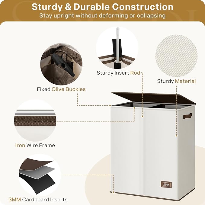 SOLEDI Luxury Double Laundry Hamper with Lid and Removable Bags, Large Hamper for Laundry, Laundry Basket 2 Sections, Collapsible Ditry Clothes Hamper for Bedroom, Laundry Room, Bathroom, Off-white