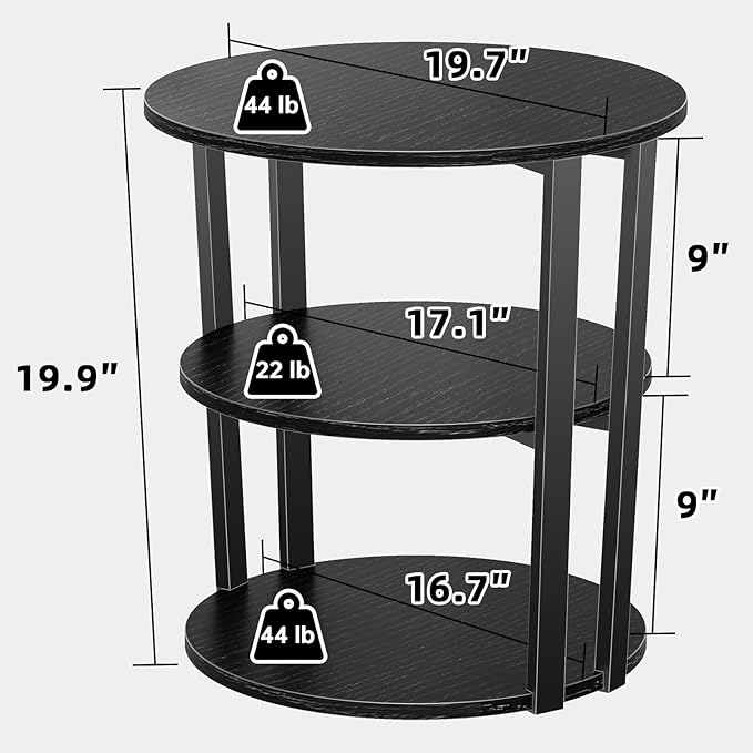 Rotating Round Side Table, 3-Tier End Table with Metal Frame, Nightstand for Small Spaces, Side Table Living Room Bedroom Sofa Bathroom, Pure Black