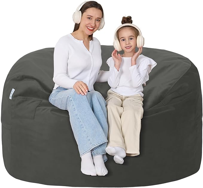 4FT Bean Bag Chair with Ultra Soft Velvet Cover Bean Bag Sofa with Memory Foam Bean Bag Chairs with Large Size Lazy Sofa for Dorm Office Living Room Bedroom Grey 4'