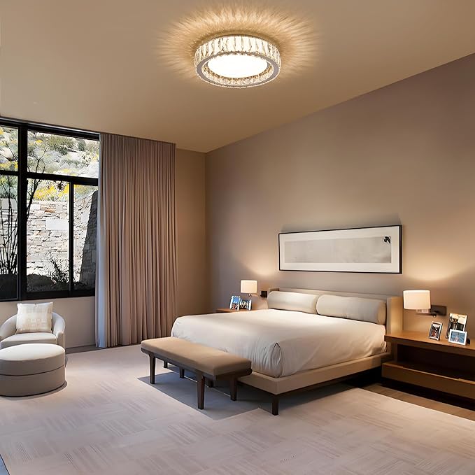 Modern K9 Crystal Dimmable LED Flush Mount Ceiling Light,15 Inch 36W/5CCT 3000K-6000K Luxury Chrome Round Close to Ceiling Lighting Fixtures for Living Room,Kitchen,Bedroom,Dining Room